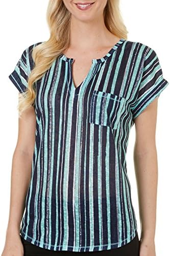 Dept 222 Petite Multi Stripe Cuffed Sleeves Top Small Petite Blue multi