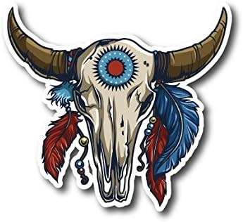 #10603 Native American Indian Bison Skull Head with Feathers Sticker Decal for Car Bumper, Motorcycles, Windows, Laptops, Walls and More (4")