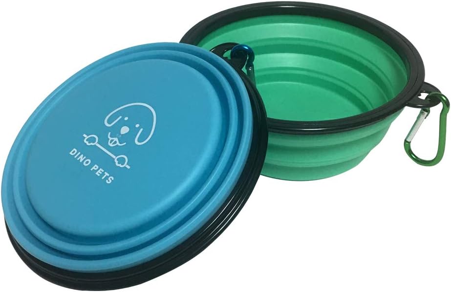 DINOPETS Portable Collapsible Silicone Dog Bowl, Foldable Travel Dog Bowls with Carabiner Clip, Expandable Bowl Cup Dish for Pet Dog Cat Food Water Feeding