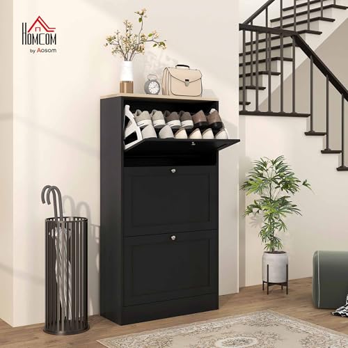 HOMCOM Narrow Shoe Cabinet, Shoe Storage Cabinet with 3 Flip Drawers and Adjustable Shelves for Hallway, Entryway, Holds 12-18 Pairs, Black