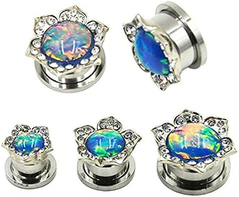CZ Crystal Large Bling Opal Stone Gem Flower Design Screw Fit Flesh Tunnel Plugs (16MM=5/8'')