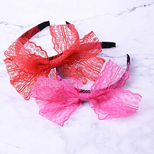 LEKUSHA Women's 80s Costume Accessories Neon Lace Headband Hair Band with Bow, Set of 2