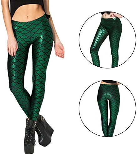 Mermaid Fish Scale Leggings for Women, Soft Shine Printed Leggings Stretch Tight Pants (Green, M)