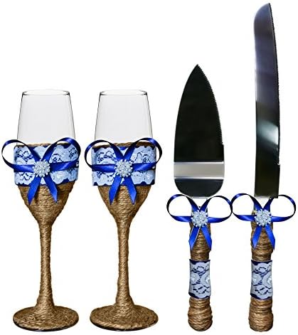 Rustic Wedding Gift Set Burlap Twine Bridal Shower Gift Handcrafted Burlap Twine Knife and Cake Server Champagne Toasting Glasses Set (Navy Blue)