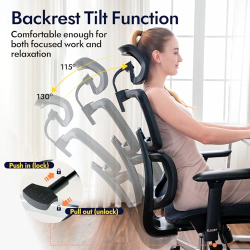TONFARY Professional Ergonomic Office Chair - Breathable Mesh Backrest, 130° Tilt, 3D Armrests and Adjustable Seat - Swivel Wheels, 150kg