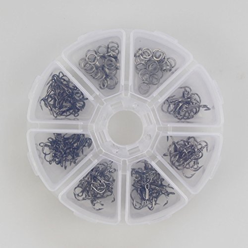 ICE SEA 120 pcs Round Bend Treble Hook Double Split Ring Set Black High Carbon Steel Fishing Hook Stainless Steel Heavy Duty Fishing Split Ring Fishing Tackle Kit with a Plastic Box - Thumbnail 4
