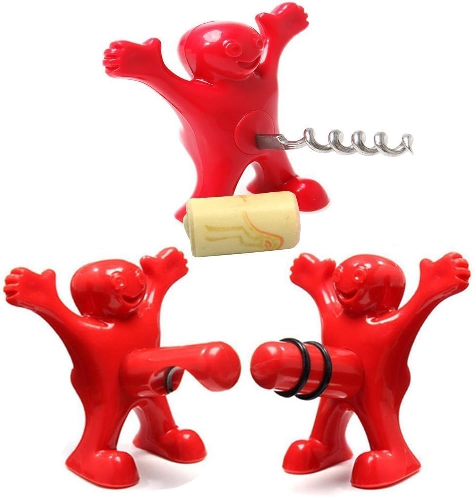 Selecto Bake 3 in 1 Red Men Beverage Bottle Stopper Wine Bottle Opener Beer Corkscrew Novelty Set - 3 Pack