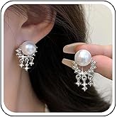Yheakne Vintage Crystal Pearl Earrings Silver Cz Tassel Earrings Rhinestone Pearl Stud Earring Crystal Chandelier Drop Earring Jewelry for Women