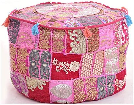 Jaipurstudio W22xH14 Indian Handmade Patchwork Pouf Cover Pink