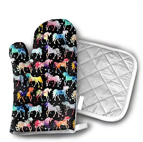 NoveltyGloves Rainbow Galaxy Unicorns Cotton Oven Mitts Pot Mats Set Kitchen Heat Resistant for Cooking Baking