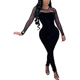 WOKANSE Women's Sexy Long Sleeves Mesh Patchwork Bodycon Velvet Jumpsuits Long Romper Pants One Piece Clubwear