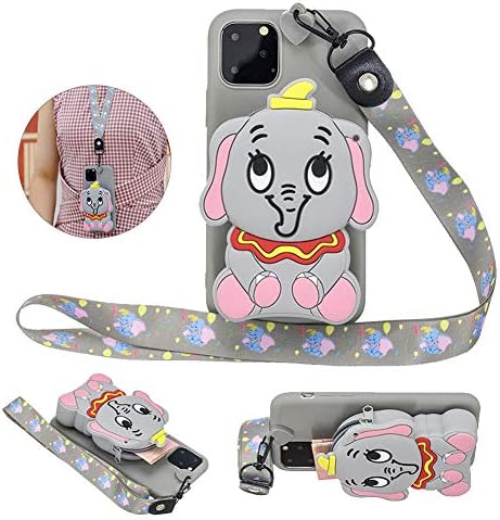 Girlyard for iPhone 11 Pro Max Silicone Case with 3D Cartoon Animal Zipper Wallet Purse Stand Holder Cover and Long Detachable Lanyard Strap Phone Case for iPhone 11 Pro Max 6.5 inch,Grey Elephant