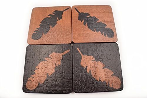 Handmade Feather Wood Coasters - Set of 4 - Copper and Black - Alternative Home Decor