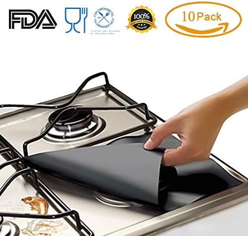 10 Pack Stove Burner Covers Reusable Gas Range Protectors Non-stick Stovetop Burner Liner Cover FDA Approved ,Dishwasher Safe, 0.2mm Thickness, 10.6”x 10.6”, Black