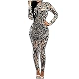 Women Jumpsuits Tribal Tattoo Printed Dumpsuit Sexy Bodysuit Playsuit