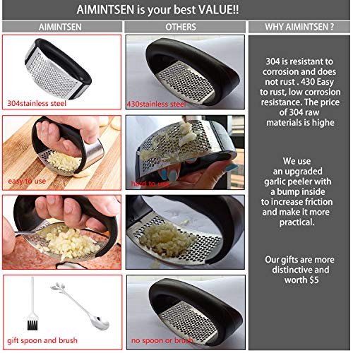 Garlic Press Rocker, Stainless Steel Garlic Mincer with Peeler Set