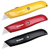 TWINRUN Retractable Utility Knife Box Cutter with Durable Metal Handle Smooth Multi-Position Blade Locking Saddle, 3-Pack Set in Yellow, Red and Black