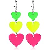 80s Neon Earrings for Women 1 Pair Colorful Lightning Hoop Stud Earrings Candy Color Acrylic Neon Heart Earring Pendant for 80 s 90s Outfit Glow Party 80s Accessories Jewelry - Pink Yellow Green