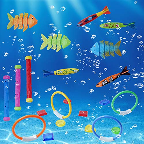 Ranphykx 22 Pack Underwater Swimming/Diving Pool Toys Diving Rings(4 Pcs), Toypedo Bandits(4 Pcs), Diving Sticks(3 Pcs), Fish Toys (3 Pcs) with Under Water Treasures (8 Pcs) Gift Set Bundle
