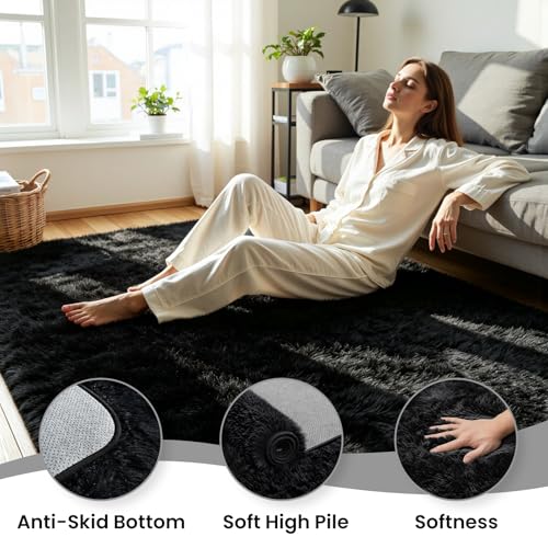 8x10 Area Rug for Living Room, Ultra Soft Fluffy Black Rugs for Bedroom, Non Slip Large Shag Carpet, Fuzzy Plush Nursery Rug, Thick Washable Indoor Floor Carpets for Kids Office Dorm Home Decor