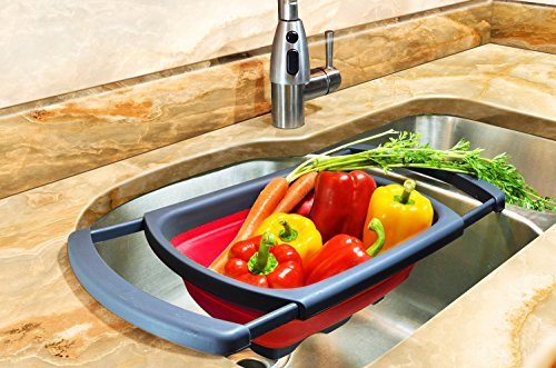 Collapsible Colander Over the Sink Kitchen Strainer Foldable Colander Silicone Filter-Red - Thumbnail 6