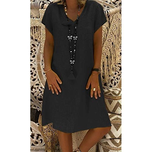 Sunmoot Casual Linen Loose Plain Simple Dress for Women, Plain Simple Solid V-Neck Plus Size Midi Dress - Thumbnail 3