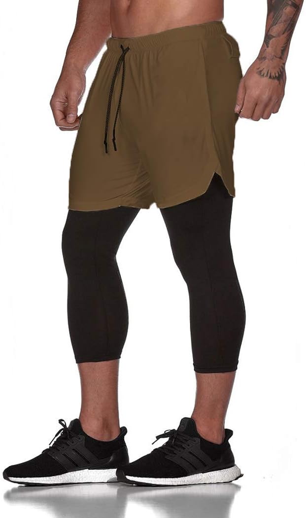 ASKSA Men's 2-in-1 shorts running shorts dual short sports trousers men's fitness running 