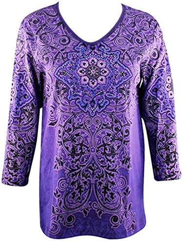 Cactus Bay Apparel - Lydia, Rhinestone Accents, V-Neck, Purple Cotton Print Top