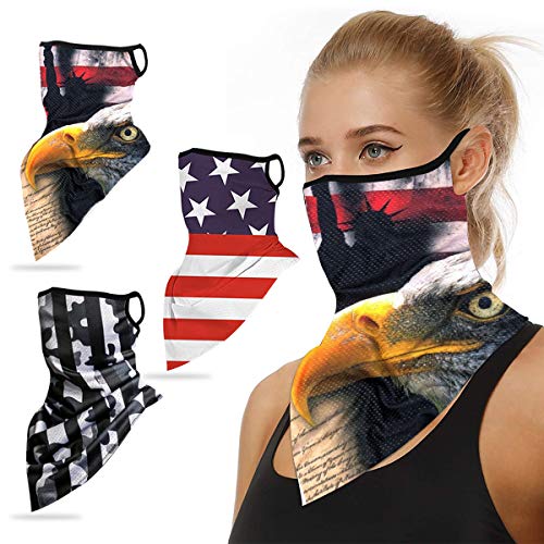 3 Pack Elastic Face Mask Bandana Ear Loops, Face Cover Neck Gaiter Scarf, Unisex Balaclava Face Mask(US Flag)