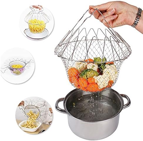 Foldable Fry Basket Steam Strainer Net, Kitchen Dining &amp; Bar Cooking Tools Utensils,Chef Rinse Strain Magic Basket Mesh Basket for Fried Food or Fruits,Sliver,1pcs