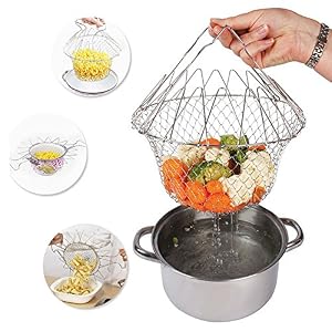 Frying Basket Foldable Stainless Steel Strain Fry Basket, Chef Basket 9.06 inch x 9.06 inch x 4.72 inch for Fried Food