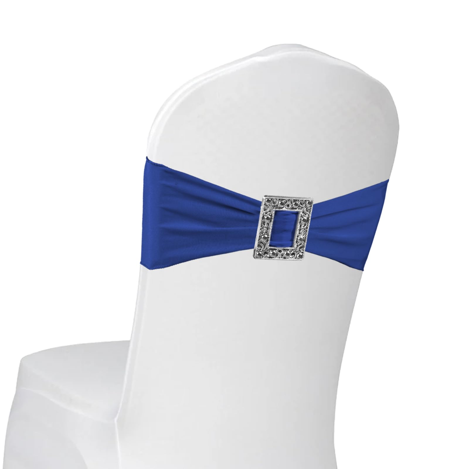 Photo 1 of 100 PCS Spandex Chair Sashes, Royal Blue Elastic Stretch Dining Chair Slipcovers with Buckle Slider for Wedding Party Banquet Restaurant Baby Shower Decorations