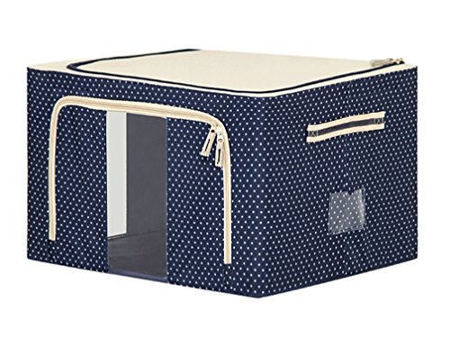 JJMG Stackable Storage Box Polka Dots Oxford Cloth Steel Frame Shelf Quilt Clothing Blanket Pillow Shoe Holder Container Organizer See-through Window double zipper Folding - Dark Blue (2 pack x 66L)