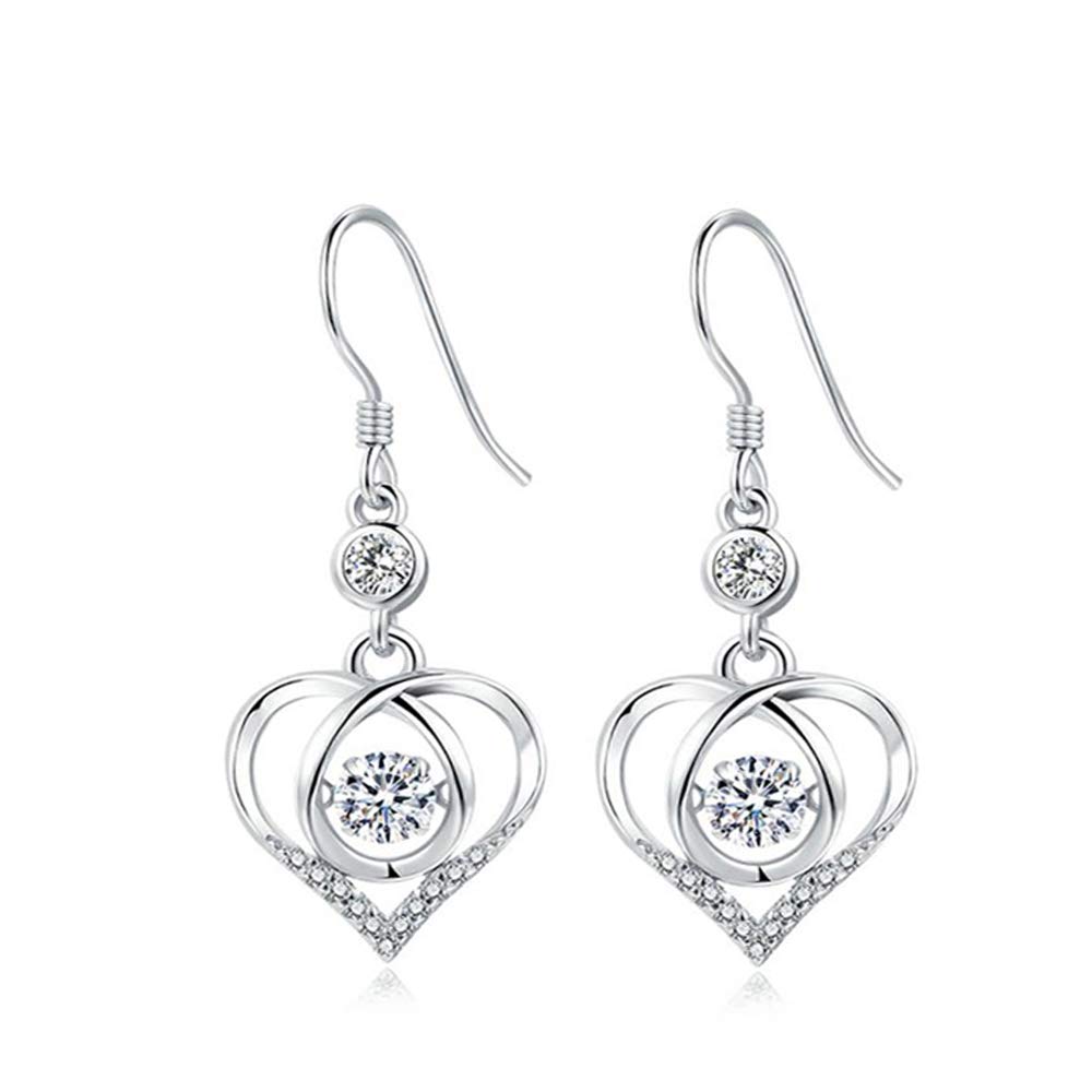 Deyanse Silver Drop Earrings for Women, 925 Sterling Silver Heart Drop Earrings with White Cubic Zirconia, Hook Dangle Earrings Christmas Birthday Gifts for Daughter with Gift Box
