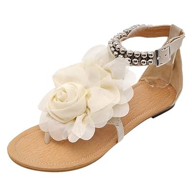 POIUDE Sommer Frauen Böhmische Dreidimensionale Blumenferienschuhe Große Sandalen Pin Toe Flache Sandalen