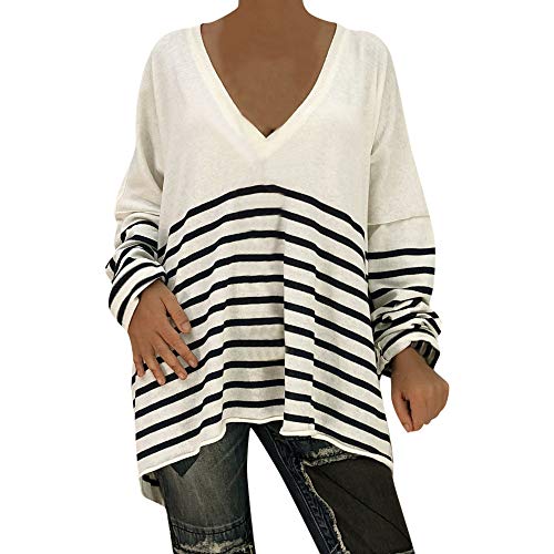 XOWRTE Women's V-Neck Stripe Fall Long Sleeve Tunic T-Shirt Pullover Blouse Sweater Tops