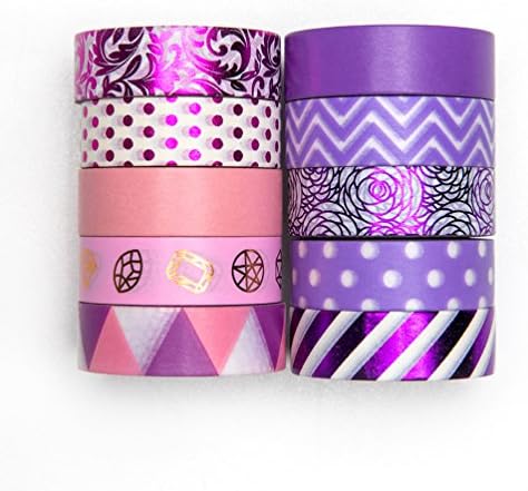 UNIQOOO Adhesive Washi Tape Masking Tape Set of 10 Rolls, Metallic Pink &amp; Purple Collection, 32 Feet Each Roll- Perfect for Crafting DIY, Gift Wrapping, Scrapbook, Bullet Journal Planner Decoration