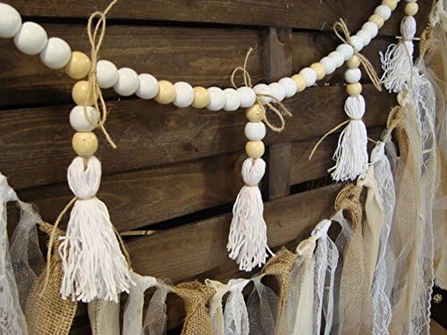 Wood ball garland, wood beads garland, white and wood bunting, home decor, Wedding prop , wood banner, shabby shic garland