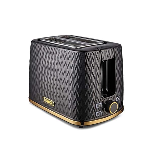 Tower-T20054BLK-Empire-2-Slice-Toaster-with-DefrostReheat-Removable-Crumb-Tray-900-W-Black-with-Brass-Accents Tower T20054BLK Empire 2-Slice Toaster with Defrost/Reheat, Removable Crumb Tray, 900W, Black and Brass