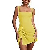 Oumrdeo Women’s Sexy Sleeveless Square Neck Bodycon Ruched Split Party Club Mini Tank Short Dress