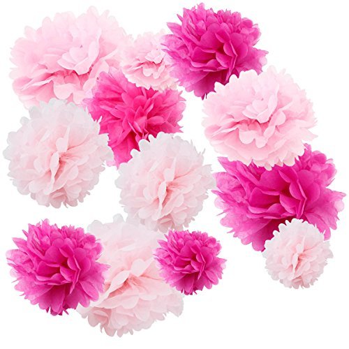 Floral Reef Variety Set of 12 (Assorted Pink Color Pack) consisting of 8 10 12 14 16 Tissue Paper Pom Poms Flower by Floral Reef