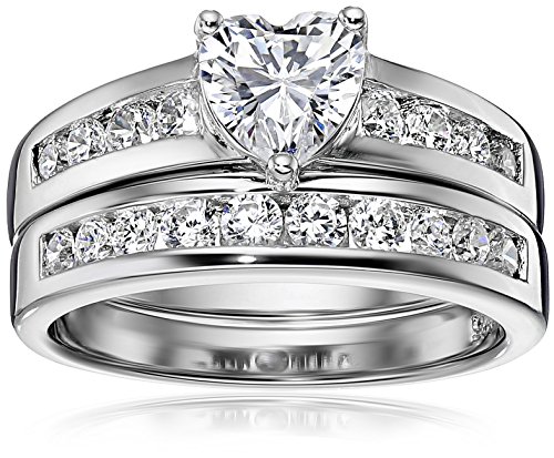 MORGAN & PAIGEBridal Ring Set - Channel-Set Heart Shaped Cubic Zirconia - 925 Platinum Plated Sterling Silver Wedding and Engagement Ring Set For Women