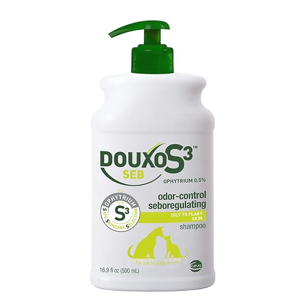 DOUXO S3 SEB SHAMPOO, CONTAINS 0.5% OPHYTRIUM, ODOR CONTROL & SEBOREGULATING, FOR OILY TO FLAKY SKIN, SEBORRHEA, FOR DOGS AND CATS, 16.9 FL. OZ. (500ML)
