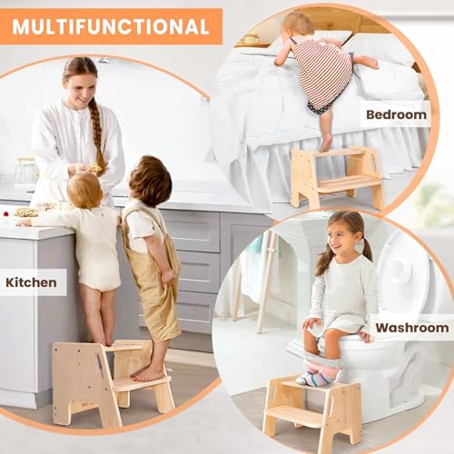 Adjustable 2-Step Toddler Step Stools, Wooden Kid Potty Training Stool for Bathroom Sink, Kitchen, Bedroom, Natural 38 * 33 * 31Cm