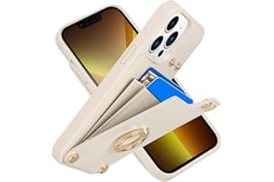 LAMEEKU Compatible with iPhone 13 Pro Wallet Case with Card Holder, 6.1'', 360°Rotation Ring Stand, RFID Blocking Snap Button Protective Leather Case Designed for Apple iPhone 13 Pro Beige