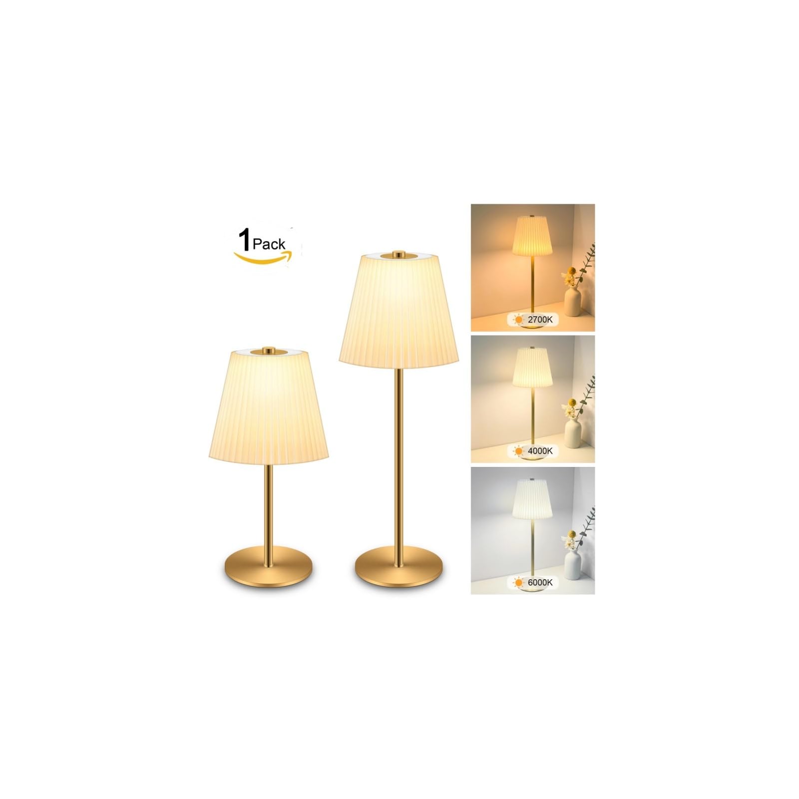 Photo 1 of 1 Pack Cordless Table Lamps Rechargeable, 2 Adjustable Height Flaxen Fabric Pleated Lamp, 5200mAh Battery Operated, 3 Colors Smooth Dimming, Portable LED Table Lamp for Dining, Bedroom, Outdoor