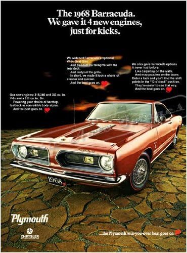 Amazon Com 1968 Plymouth Barracuda Ad Digitized And Re Mastered Car Poster Print Just For Kicks 24 X36 Posters Prints