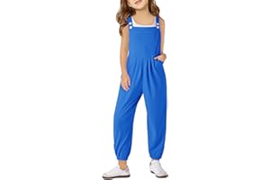 Haloumoning Girls Overalls Kids Casual Sleeveless Jumpsuit One Piece Rompers with Pockets 5-14 Years