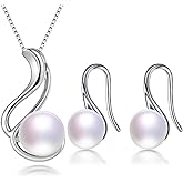 HENGSHENG Pearl Jewelry Set For Women 925 Sterling Silver Necklace Pearl Pendant & Pearl Earrings Freshwater Pearl Drop Jewelry Set for Wedding Prom Gift