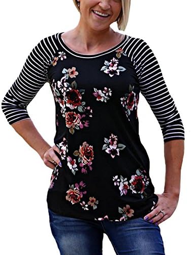 Frockstyle Womens Prints Florals Striped Raglan 3/4 Sleeve Crew Neck Top Tshirt (L, black one)